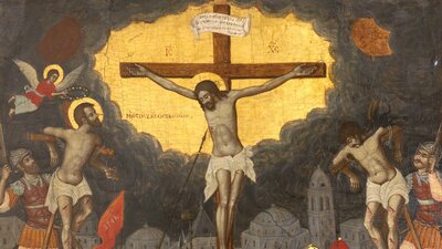 Икона "Распятие между двумя разбойниками". Иоаннис Москос. 1711 г. Икона "Распятие между двумя разбойниками". Иоаннис Москос. 1711 г.